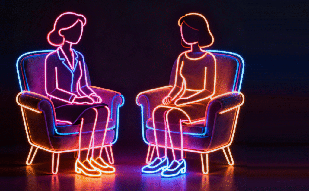 neony tworzące 2 kobiety w fotelach