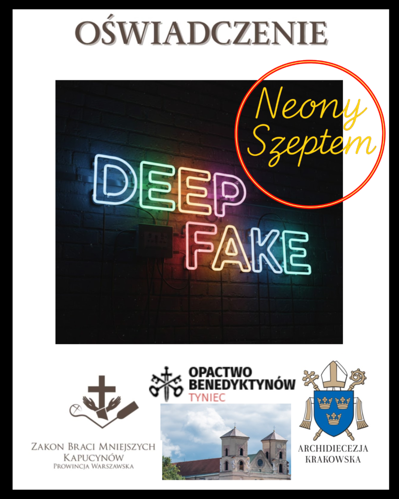 Napis deep fake i loga benedyktów w tyńcu, archidiecezji krakowskiej, i kapucynów